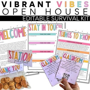 Pode incluir: Um kit de sobrevivência colorido para o dia de portas abertas com o texto "VIBRANT VIBES OPEN HOUSE EDITABLE SURVIVAL KIT". Inclui cartões de boas-vindas, lista de desejos da sala de aula e agradecimentos, juntamente com um saco de biscoitos.