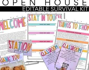 Może przedstawiać: Kolorowy zestaw przetrwania na dzień otwarty z napisem "VIBRANT VIBES OPEN HOUSE EDITABLE SURVIVAL KIT". Zawiera karty powitalne, listę życzeń do klasy i podziękowania, a także worek ciasteczek.