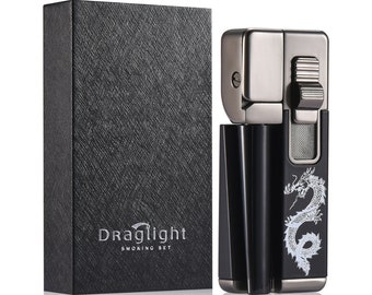 May include: A black and silver lighter with a dragon design and a built-in cigarette holder. The lighter is in a black box with the text "Draglight Smoking Set".