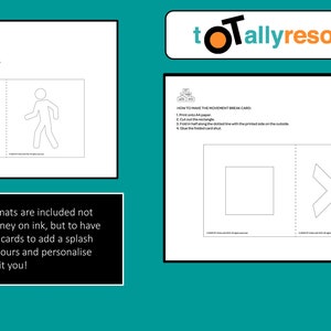 Puede incluir: Cartas imprimibles en blanco y negro con ilustraciones simples de una persona sentada en una mesa, una persona caminando, un cuadrado y dos flechas. Las cartas est&aacute;n dise&ntilde;adas para ser recortadas y dobladas para crear un modelo 3D.