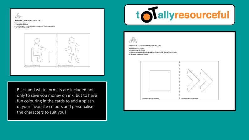 Puede incluir: Cartas imprimibles en blanco y negro con ilustraciones simples de una persona sentada en una mesa, una persona caminando, un cuadrado y dos flechas. Las cartas est&aacute;n dise&ntilde;adas para ser recortadas y dobladas para crear un modelo 3D.