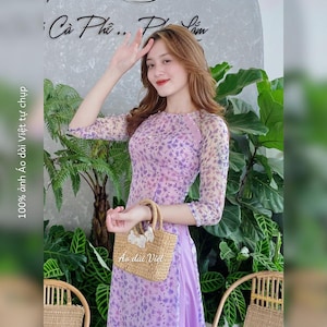 Ao Dai preconfezionato Viet Nam - Tradizionale Ao Dai - Áo dài 4 tà hoa nhí giáo viên công sở màu tím truyền thống voan lụa cao cấp