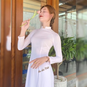Ao Dai Viet Nam preconfezionato - Ao Dai tradizionale - Áo dài trắng tinh cổ vuông hở chữ U 2cm học sinh nữ đi học đồng phục truyền thống
