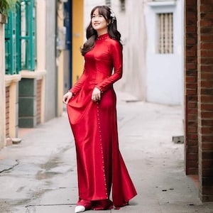 Ao Dai Viet Nam preconfezionato - Ao Dai tradizionale femminile - Áo Dài Nữ Truyền Thống Lụa Vân Cổ Cao Tay Dài Đính Kết Ngọc Trai