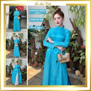 Ao Dai Viet Nam preconfezionato - Ao Dai tradizionale - Áo dài gấm cao cấp hoa nhí màu xanh dương truyền thống giáo viên đính ngọc