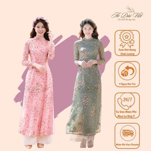 Pre-made Ao Dai Viet Nam - Traditional costumes of Vietnamese women - Ao Dai Hoa Nhi Mau Hong Xanh  - Ao dai Tet Pink Green