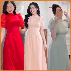 Ao Dai Viet Nam preconfezionato - Costumi tradizionali delle donne vietnamite - Áo Dài Nữ Truyền Thống Lụa Tây Thi Tay Bồng Phối Tơ Đính Hoa Nổi