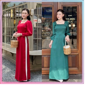 Pre-made Ao Dai Viet Nam - Traditional costumes of Vietnamese women -Áo Dài Nữ Chất Liệu Lụa Tây Thi Cổ Vuông Tay Bồng Đính Kết Ngọc Trai
