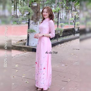 Ao Dai preconfezionato Viet Nam - Tradizionale Ao Dai - Áo dài 4 tà hoa màu hồng truyền thống giáo viên công sở lụa voan tơ ánh cao cấp