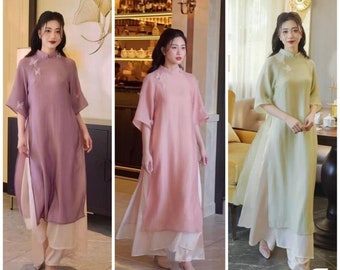 Pre-made Ao Dai Viet Nam - Traditional costumes of Vietnamese women - Áo dài truyền thống dự tiệc áo dài cánh tân 4 tà tay phối organza bồng