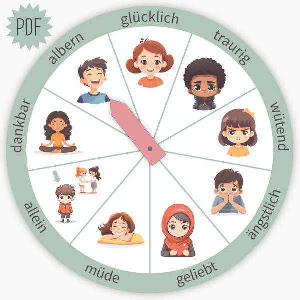 Feeling Wheel Children, Emotion Clock, Kindergarten School Feeling Wheel, Learning Poster, PDF A3 Digital Download, Learning Feelings Montessori, Feeling Wheel