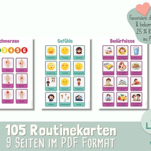 May include: Three educational posters with German text. The posters are titled "Schmerzen", "Gef&uuml;hle", and "Bed&uuml;rfnisse". Each poster features illustrations and text. The bottom of the image reads "105 Routinekarten 9 SEITEN IM PDF FORMAT".