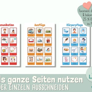 May include: Three educational posters with colourful illustrations and German text. Topics include communication, outings, and personal care. The posters are designed to be used as whole pages or cut into individual cards. The text "Als ganze Seiten nutzen ODER EINZELN AUSSCHNEIDEN" is visible.