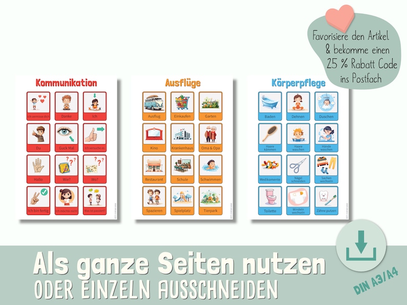 May include: Three educational posters with colourful illustrations and German text. Topics include communication, outings, and personal care. The posters are designed to be used as whole pages or cut into individual cards. The text "Als ganze Seiten nutzen ODER EINZELN AUSSCHNEIDEN" is visible.