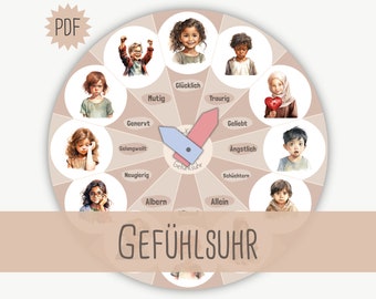 Emotions clock, feelings wheel for children, emotions clock, kindergarten school, feelings wheel, learning poster, PDF A3 digital download, learning feelings Montessori