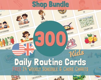 300 routine cards weekly plan for children, weekly planner & daily routine to print out PDF A4 A3, digital autism picture cards, Montessori