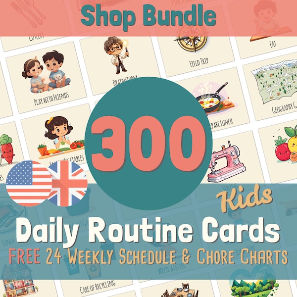 300 Kids Daily Routine Cards + FREE Daily Visual Schedule, Chore Chart for Kids - Daily Rhythm Schedule for Toddlers, Preschool and Children