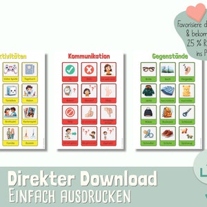 May include: Three educational posters with German text and illustrations. The posters are labelled "Aktivit&auml;ten", "Kommunikation", and "Gegenst&auml;nde". Each poster features colourful images and words related to activities, communication, and objects. The bottom of the image reads "Direkter Download Einfach Ausdr&uuml;cken".