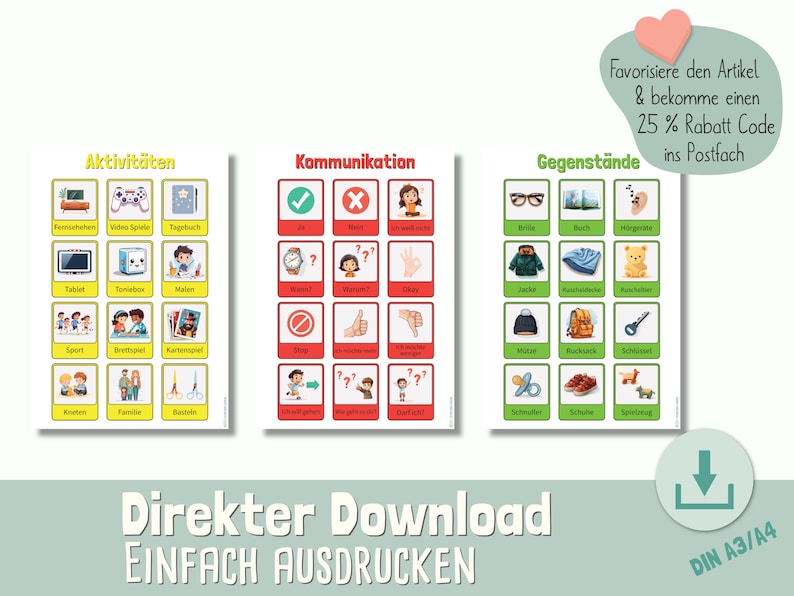 May include: Three educational posters with German text and illustrations. The posters are labelled "Aktivit&auml;ten", "Kommunikation", and "Gegenst&auml;nde". Each poster features colourful images and words related to activities, communication, and objects. The bottom of the image reads "Direkter Download Einfach Ausdr&uuml;cken".