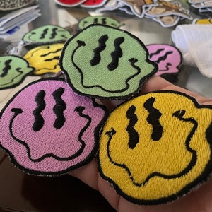 Melting Smiley Face Patch 3‑Pack – Psychedelic Iron‑On Happy Face, Trippy Rave Jacket/Backpack Applique – 3.8 inch