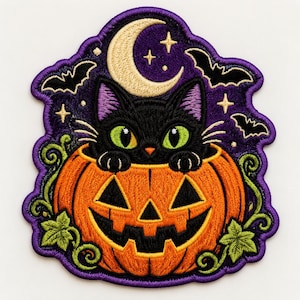 May include: An embroidered patch featuring a black cat with bright green eyes peeking out from an orange jack-o'-lantern. The background is deep purple with a cream-colored crescent moon, small yellow stars, black bats, and green vines.