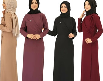 Damen Abendkleid Krepp Stoff bescheidenes Kleid - Abiye Langärmliges Maxikleid Hijab Abaya Hochzeitskleid Schwarz Beige Lila Bordeaux