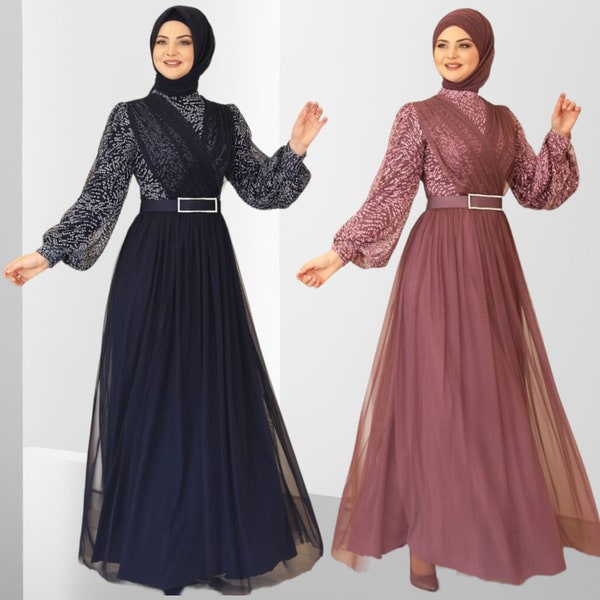 Abendkleid Langärmliges formelles Kleid Hijab Dress Tüll-Abendkleid Abiye Abaya Kleid für muslimische Frauen – bescheidenes Partykleid