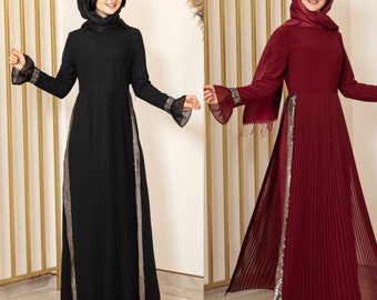 Tulle Abiye Evening Dress Red Black / Muslim Evening Dress / Hijab Dress / Modest Fashion / Maxi Dress / Long Sleeve Dress / Abaya / Kaftan