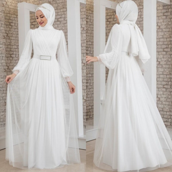 Hochzeitskleid - Brautkleid - Kleid für Trauung - Abendkleid Langärmliges formelles Kleid – elegantes Maxikleid- weißes Kleid - Tüllkleid