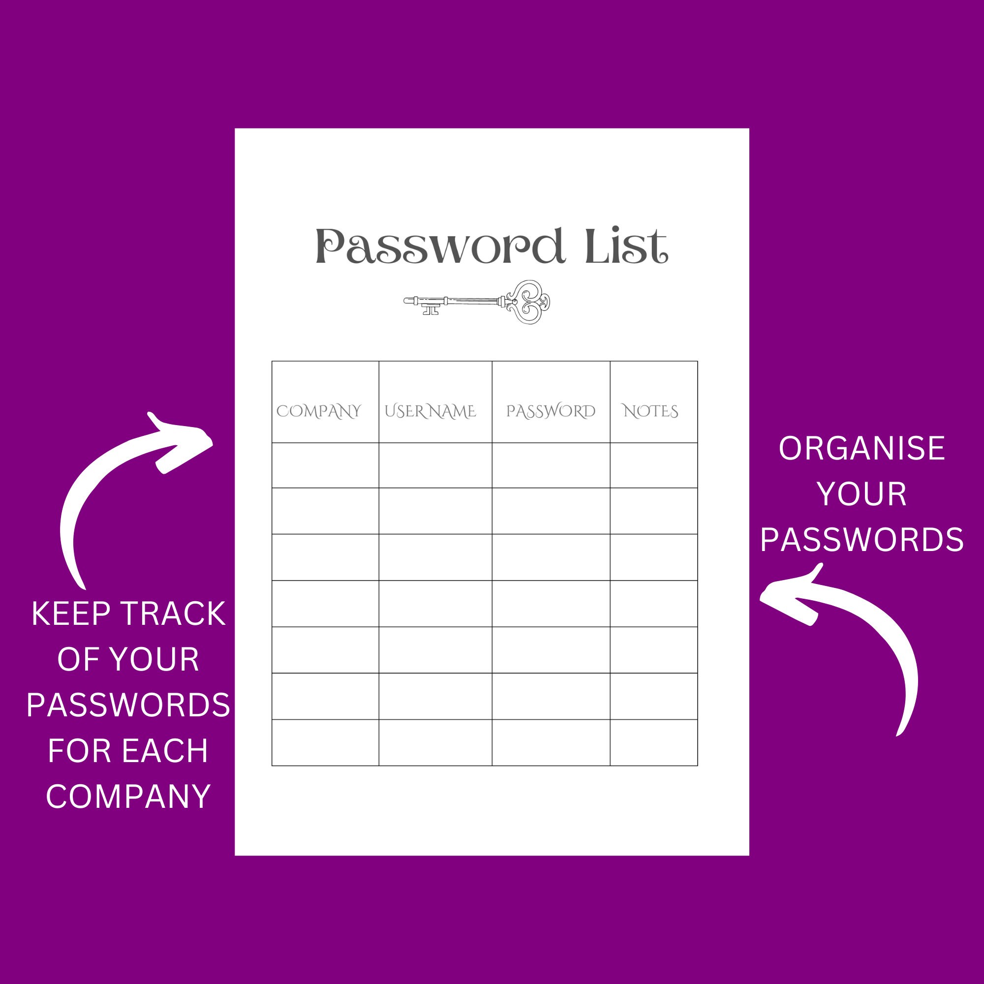Password List Printable Template | Digital Downloadable Password ...