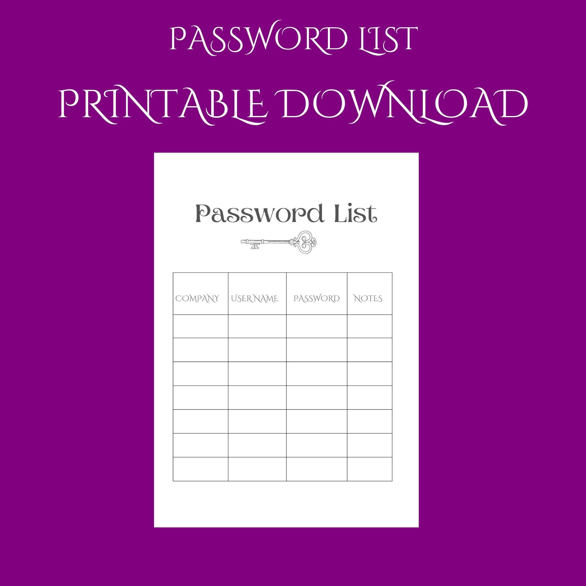 Password List Printable Template | Digital Downloadable Password ...