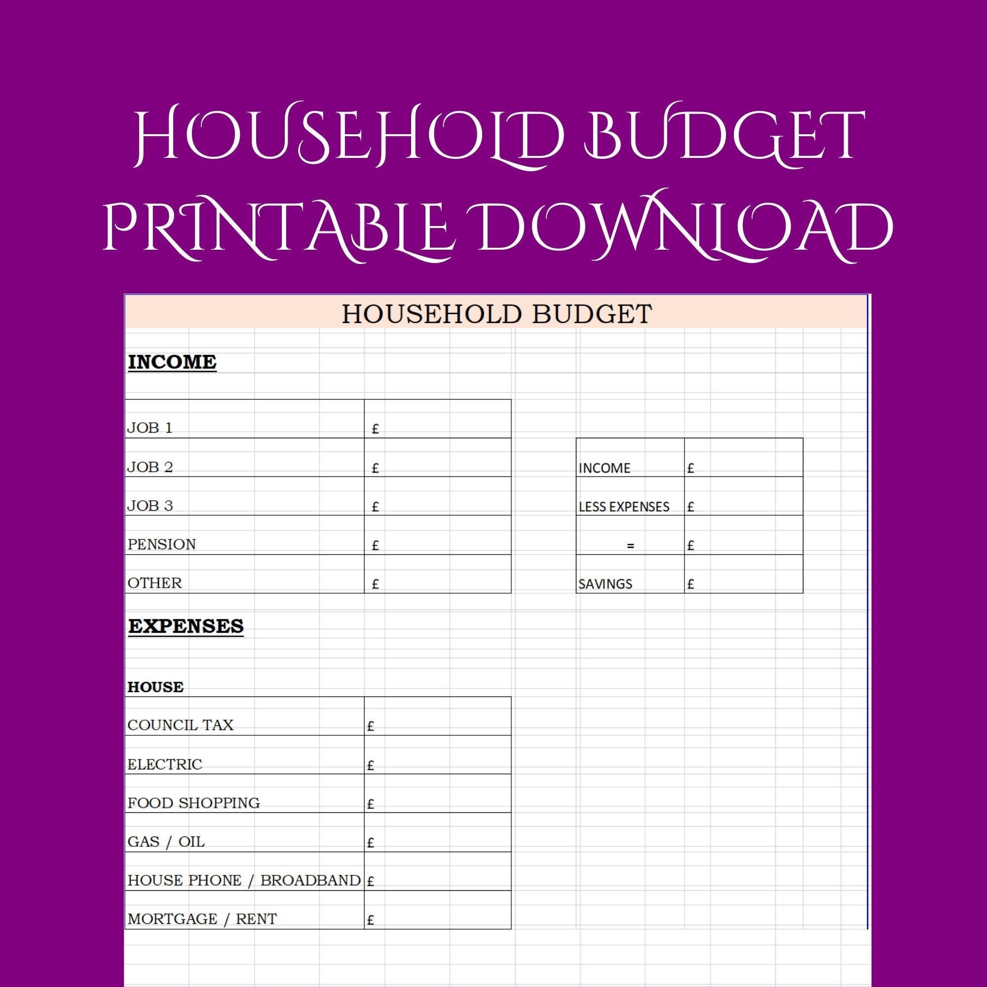 Printable Household Budget | Digital Downloadable Budget Form ...