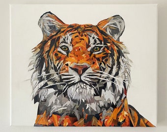 Original Recycled Tiger Collage (20x30cm) - Sustainable, Eco-Friendly, Magazines, Upcycled, Canvas, Art