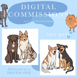 2 animaux de compagnie - portrait numérique stylisé d'animal de compagnie | Commission pour animaux de compagnie | Portrait numérique d'animal de compagnie personnalisé | Dessin numérique d'animal de compagnie