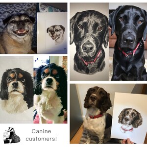 May include: Collage of watercolor paintings of dogs. The paintings are in a realistic style and feature a variety of dog breeds, including a pug, a black lab, a Cavalier King Charles Spaniel, and a Springer Spaniel. The text "Canine customers!" is at the bottom of the collage.