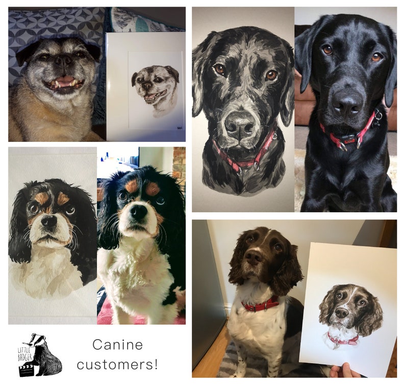 May include: Collage of watercolor paintings of dogs. The paintings are in a realistic style and feature a variety of dog breeds, including a pug, a black lab, a Cavalier King Charles Spaniel, and a Springer Spaniel. The text "Canine customers!" is at the bottom of the collage.