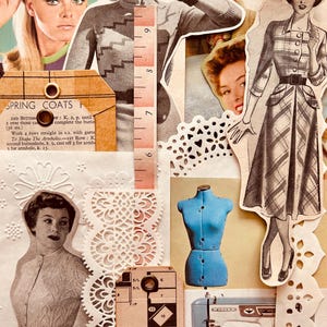 50+ Piece Vintage Fashion, Needlecraft & Homemaker Ephemera Bundle. Authentic Vintage, Handmade And Die Cut items. Sewing Journal Supplies.