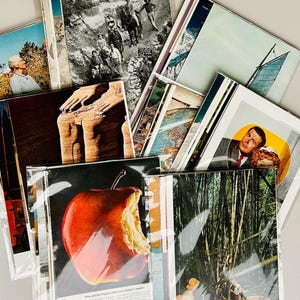 May include: A selection of vintage magazine pages with varied images. The collection includes black and white photographs of people, landscapes, and a partially eaten red apple. The pages are in protective plastic sleeves.