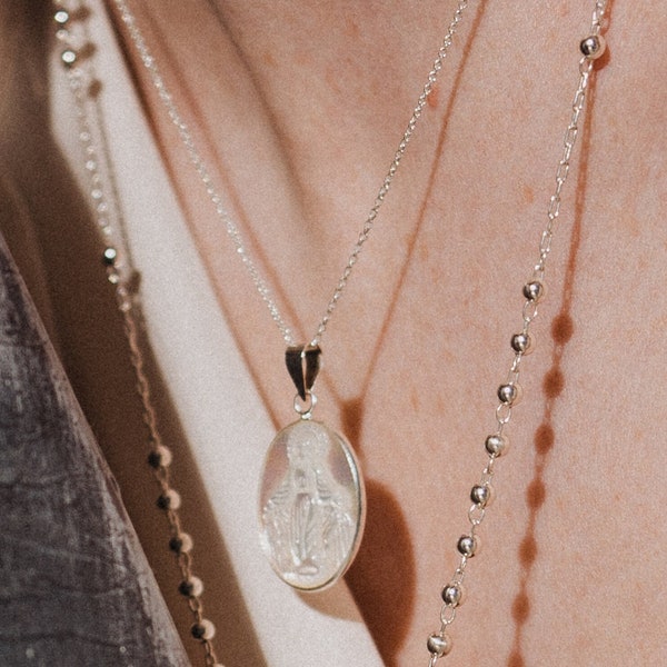 Virgin in mother-of-pearl Necklace, Catholic Jewelry