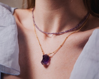 Raw Amethyst Necklace, Layered Necklace, Birthday Gift for Her