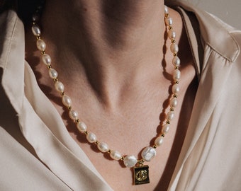 Pearl Necklace, Virgin Mary Charm, Best Gift for Her