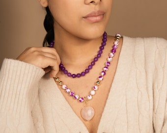 Layered Necklace | Rose Quartz Heart | Handmade Gift