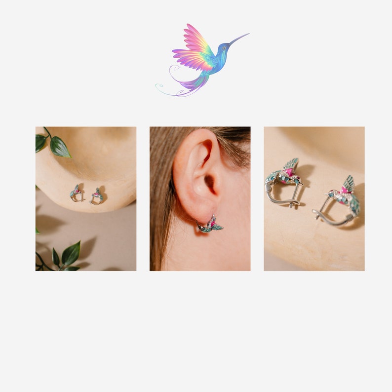 Hummingbird Earrings, Silver 925 Earrings, Unique Gift imagen 4