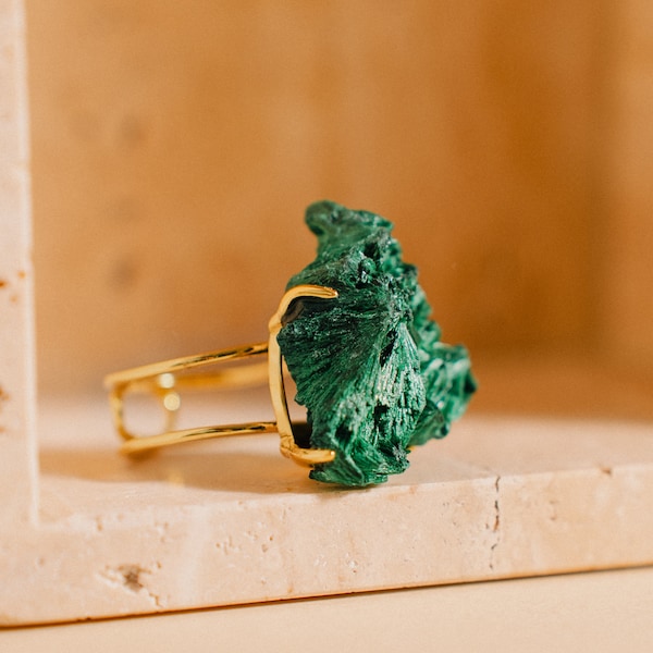 Anello di malachite grezza, anello verde, gioielli con pietre preziose