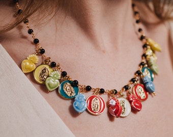 Virgin Mary Necklace, Colorful Catholic Charms , Handmade Gift