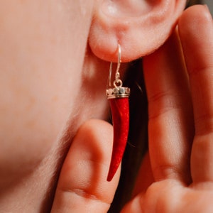 Coral Horn Earrings, Natural Red Coral Earrings, 925 Silver Earrings