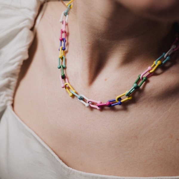 Enamel Necklace, Minimalist Necklace, Multicolored Chain, Birthday Gift