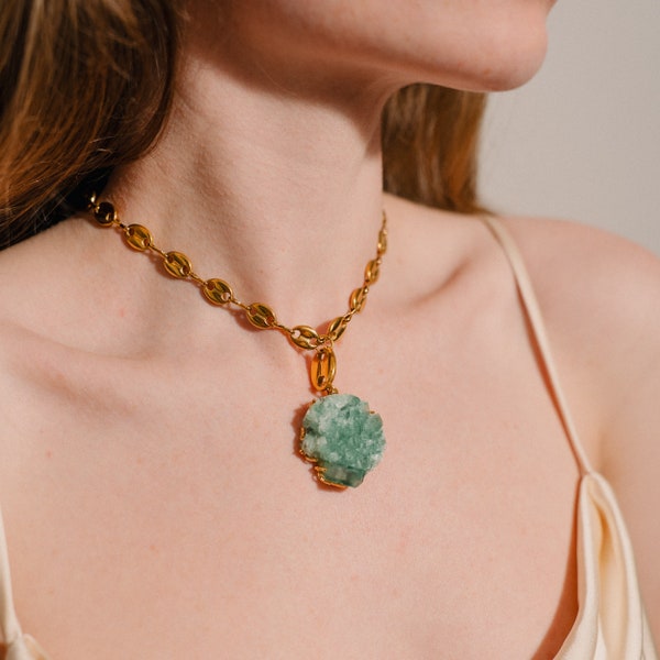 Green Aventurine Necklace, Stainless Steel Chain, Gemstone Gift