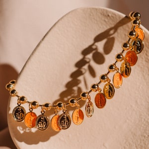 Gold Catholic Necklace | Religious Gift | Orange Charms | Handmade Jewelry