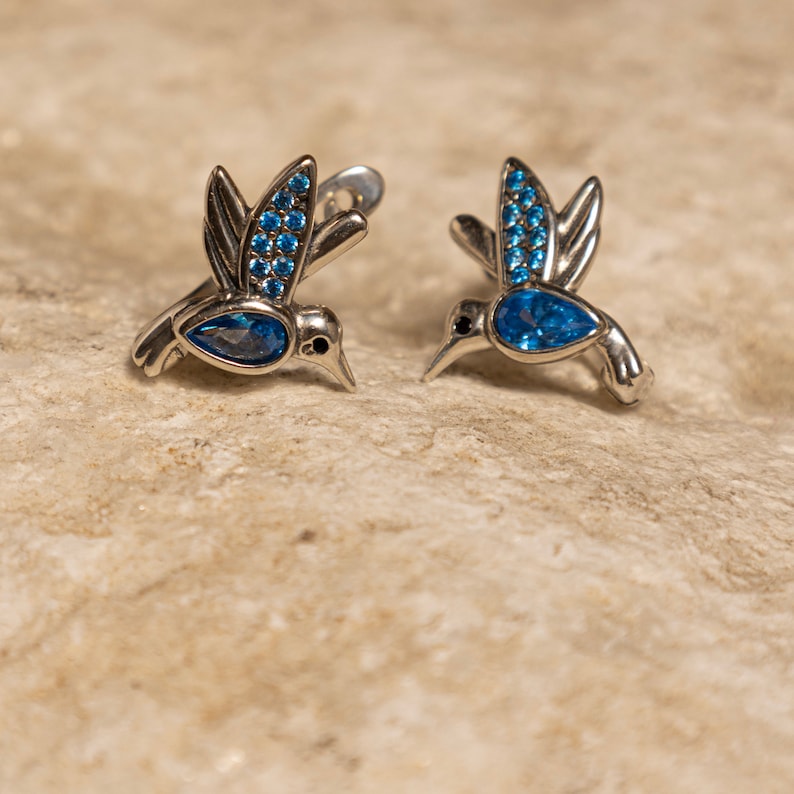 Hummingbird Earrings, Silver 925 Earrings, Unique Gift Zircon Blue